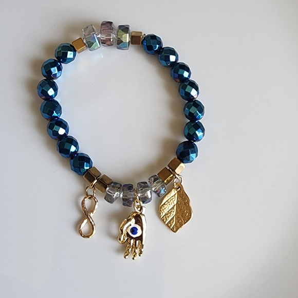 Blue Beaded Bracelet with Gold Charms - Picture 4 of 5
